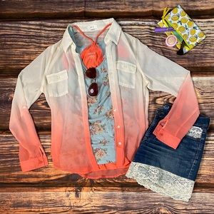 Mine Sheer Ombré Cream and Coral Button-Up Top